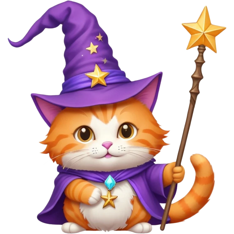 Orange cat wearing a purple wizard hat and holding a magic wand with a star at the tip emoji