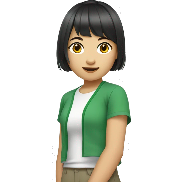 Asian girl with short hair with bang and gren t-shirt on emoji