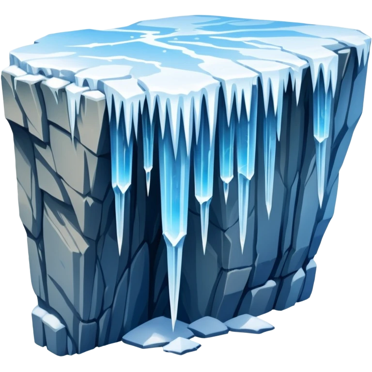 A stunning winter scene showing long, sharp icicles hanging from a frozen cliff or ledge, glistening in bright daylight. The surface is covered in snow and ice, with a cold blue and white color palette, highly detailed, realistic lighting, and frosty atmosphere. emoji