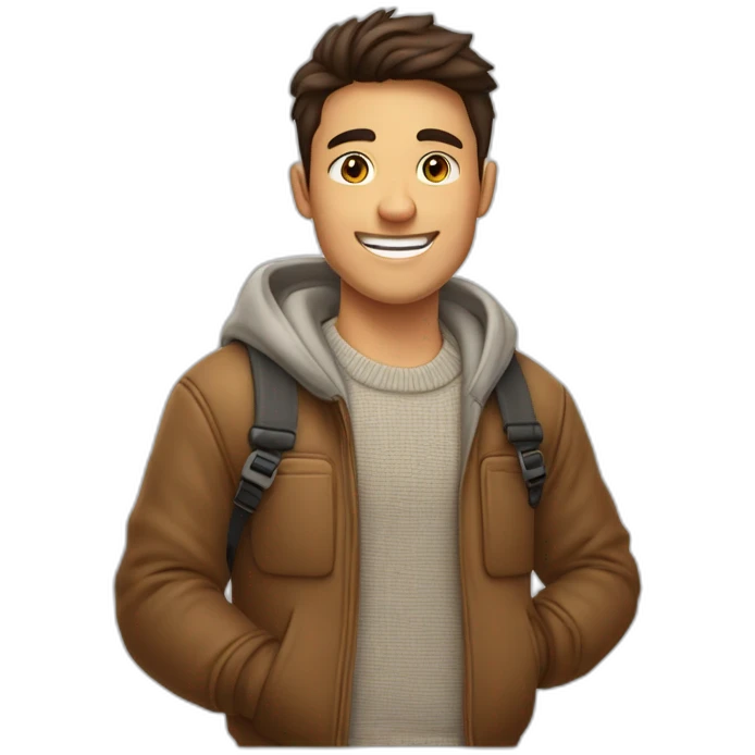 jeune homme brun grand souriant avec une caméra et un pull en main emoji