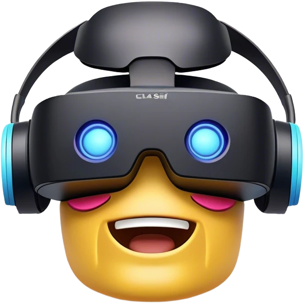 Clash of Clans aesthetic: Cinematic Playful PlayStation VR Headset Portrait Emoji, rendered in a 3D vector-style similar to standard emojis with minimal shading and bold, simplified shapes. A compact, distinct form with signature details, softly glowing with a cutting-edge console technology charm. Simplified yet unmistakably iconic, highly detailed and consistent, glowing with a soft radiance and high shine. Stylized with a touch of technological advancement and a soft glowing outline, capturing the essence of a beloved gaming relic with a friendly, playful manner! emoji