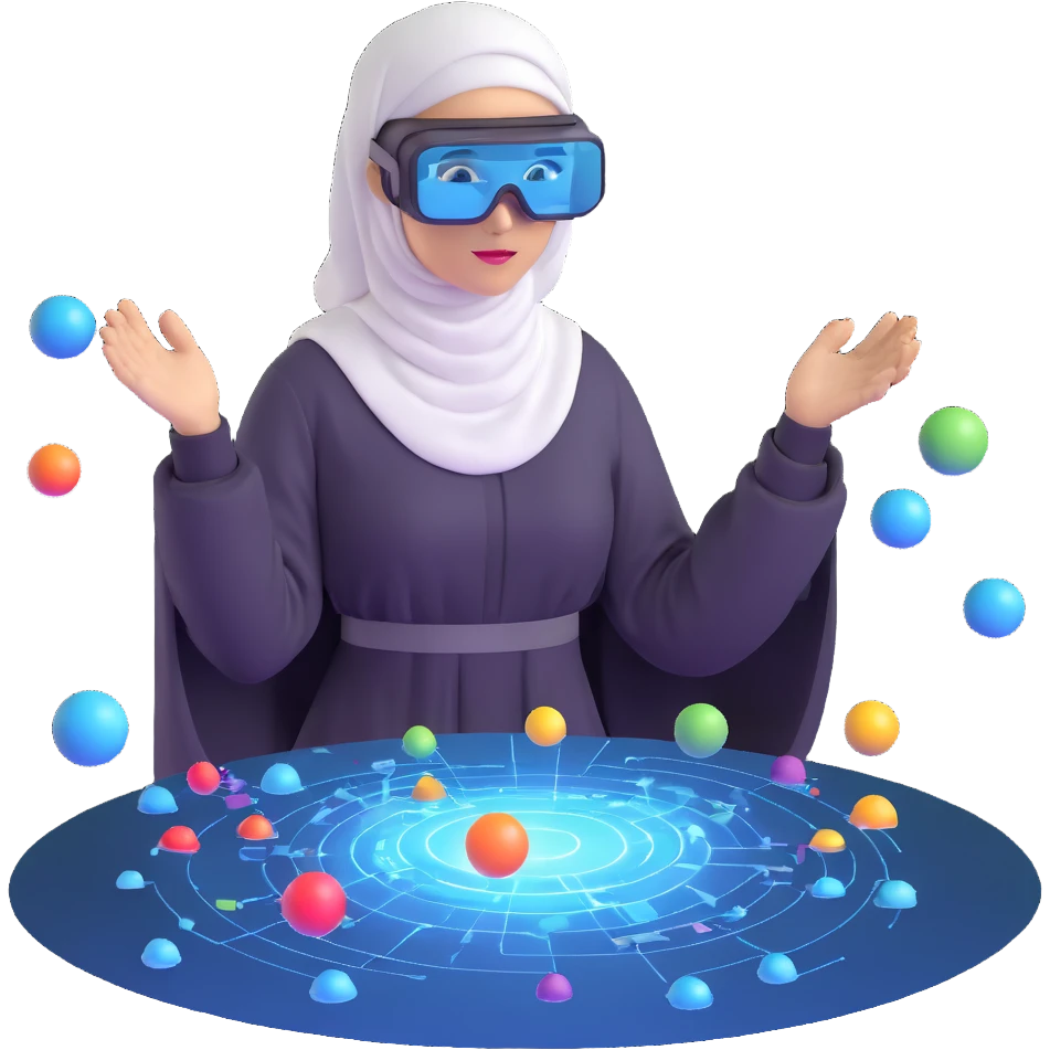 computer engineer with white hijab wearing AR glasses or VR headset, immersed in augmented reality, surrounded by floating metaverse elements, digital codes, virtual machines, tech graphics emoji