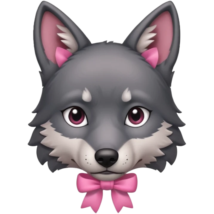 Pleading sad Face cute dark grey wolf with a pink ribbon io his ear head emoji