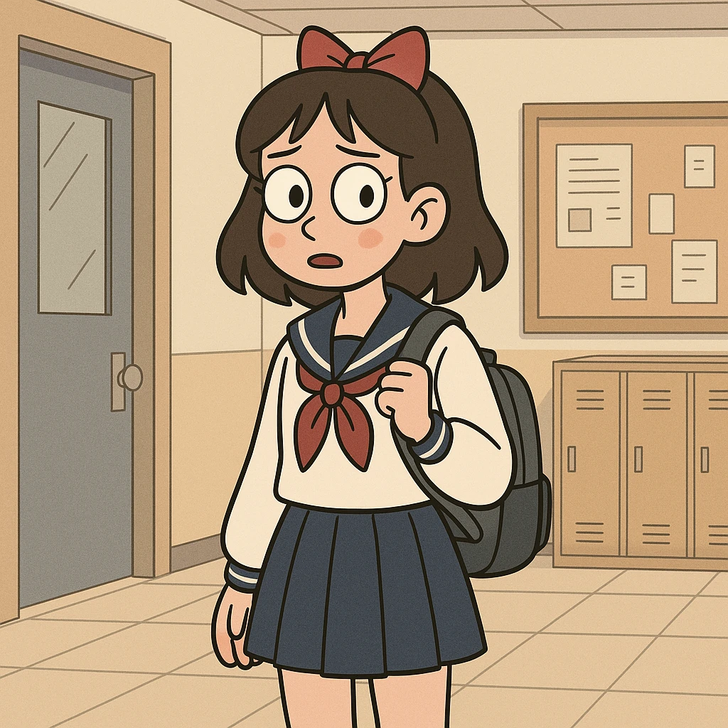 anime school girl in school setting, flat toon style emoji