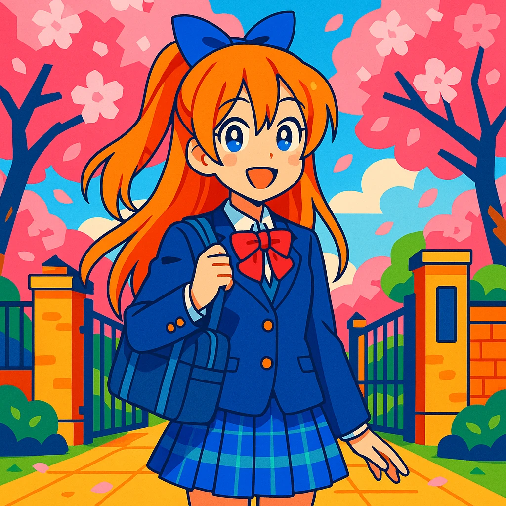 anime schoolgirl with long orange hair, blue ribbon, blue eyes, smiling, in Japanese school uniform, standing by school gate with cherry blossoms, vibrant colors, Love Live! inspired emoji