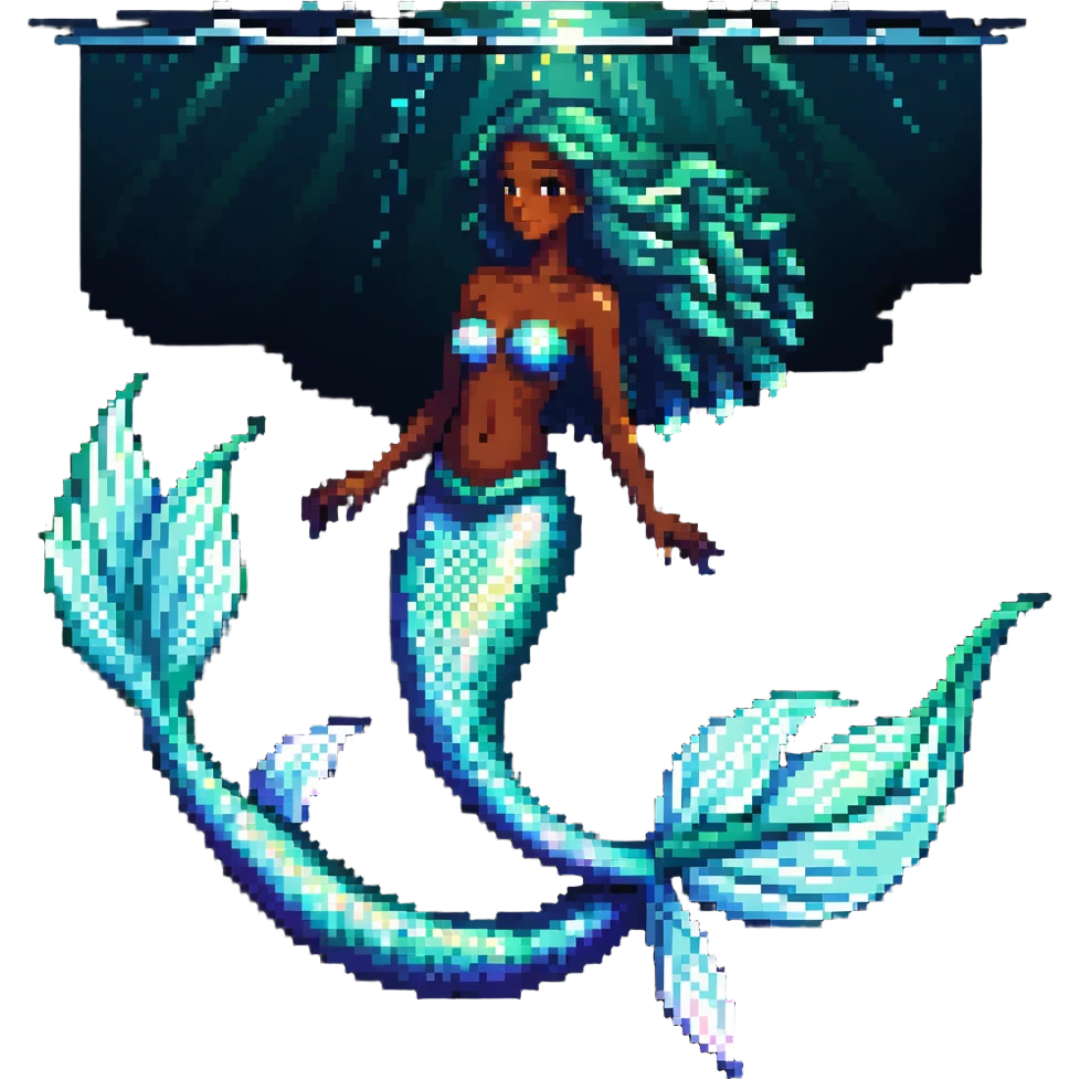 Dark-skinned mermaid with glowing iridescent tail in ocean setting emoji