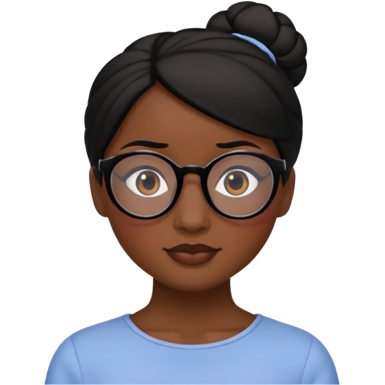 A woman with dark skin, black hair in a neat bun, black glasses, and an oval face with soft features. emoji
