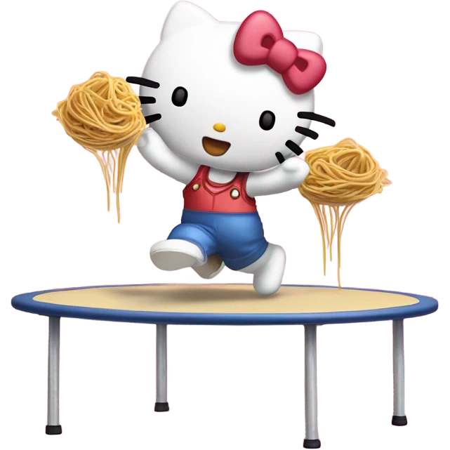Make hello kitty jumping on a trampoline holding spaghetti  emoji