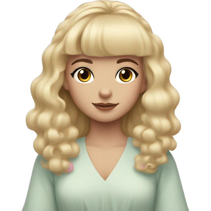Blonde, pale girl with bangs and long, curly hair and a pastel pink puff sleeve dress emoji