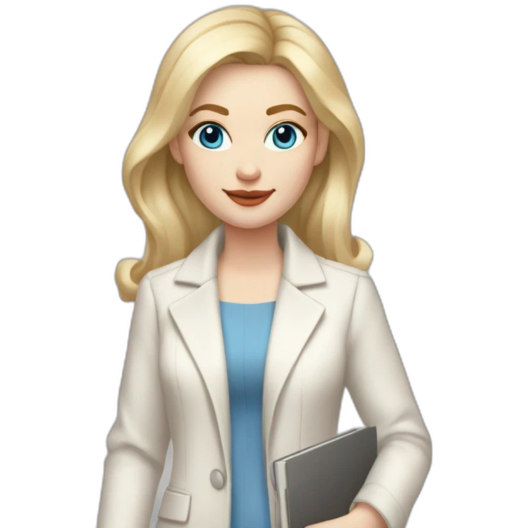 pale skin woman with blonde middle length straight line hair, blue eyes, White classical jacket, Gray Palazzo pants holding a color palette in the hands emoji