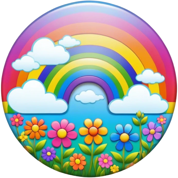 A round psychedelic colored button with a bezeled rainbow and colored hippie style flowers emoji