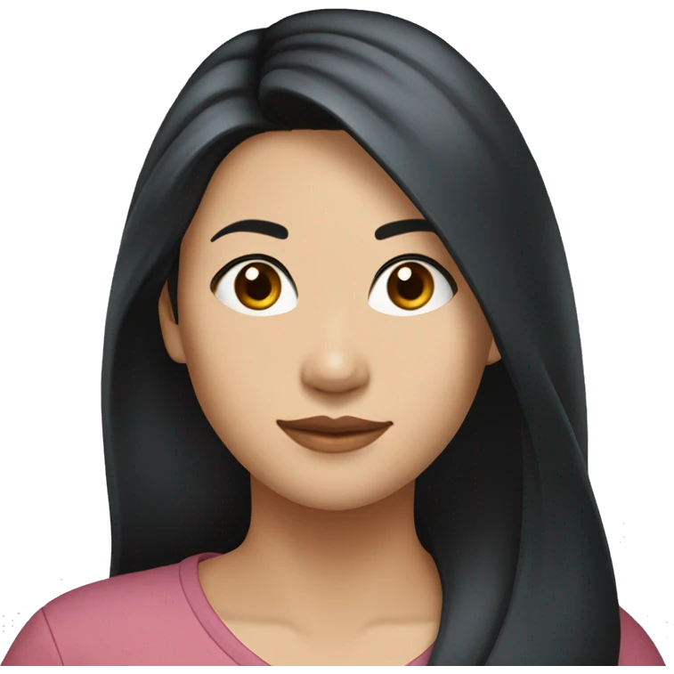 A head and shoulders shot of a 36 year old Asian woman, with long black hair,   with brown eyes wearing a t-shirt. emoji