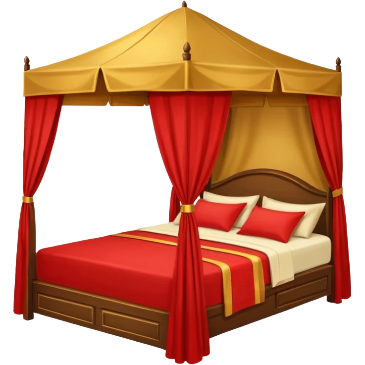 bed with red and gold sheets, wooden, canopy, simple emoji
