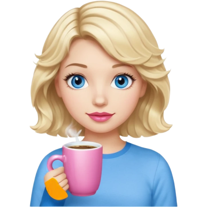 Girl Blonde short wavy hair,  blue eyes, cute blue top, long lashes, pink lips, holding hot white coffee mug emoji