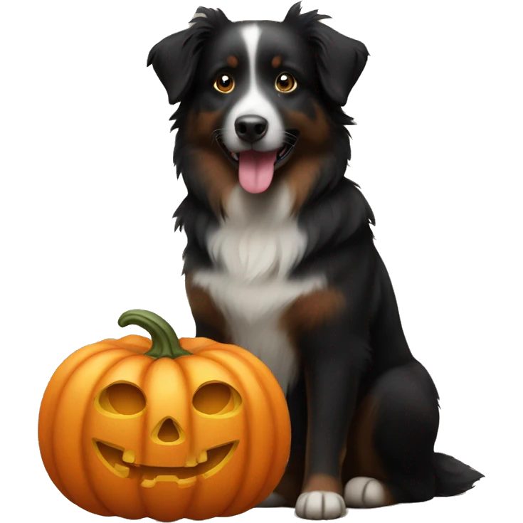 black australian shepherd dog in a pumpkin emoji