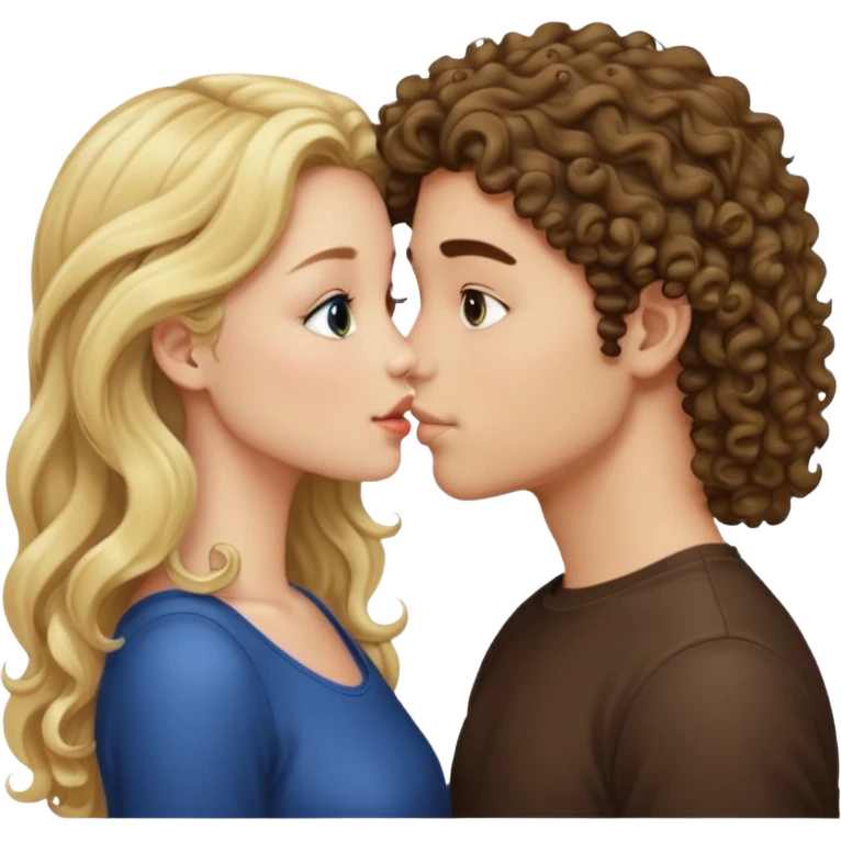 blonde girl with straight long hair and brunette boy with curly hair kiss emoji