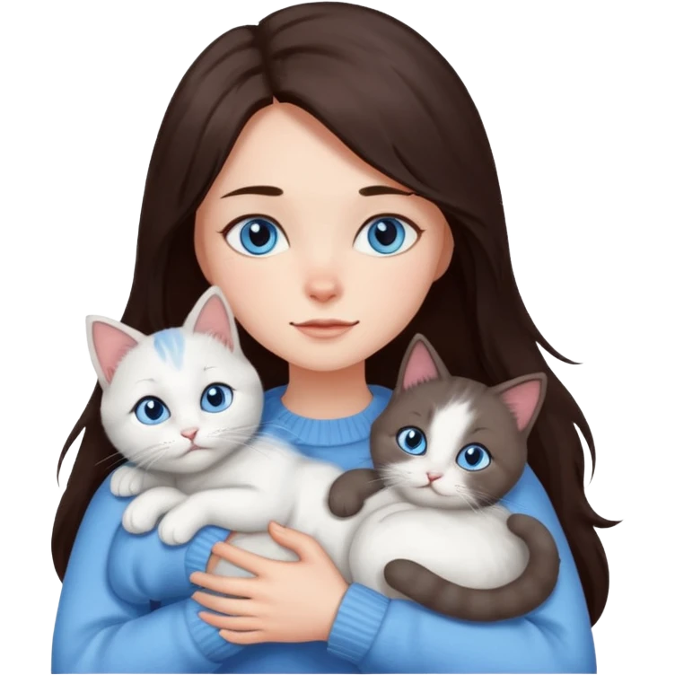 a girl with long dark 
brown hair, with blue eyes, in a
white sweater, hugs 3 different natural coloured cats emoji