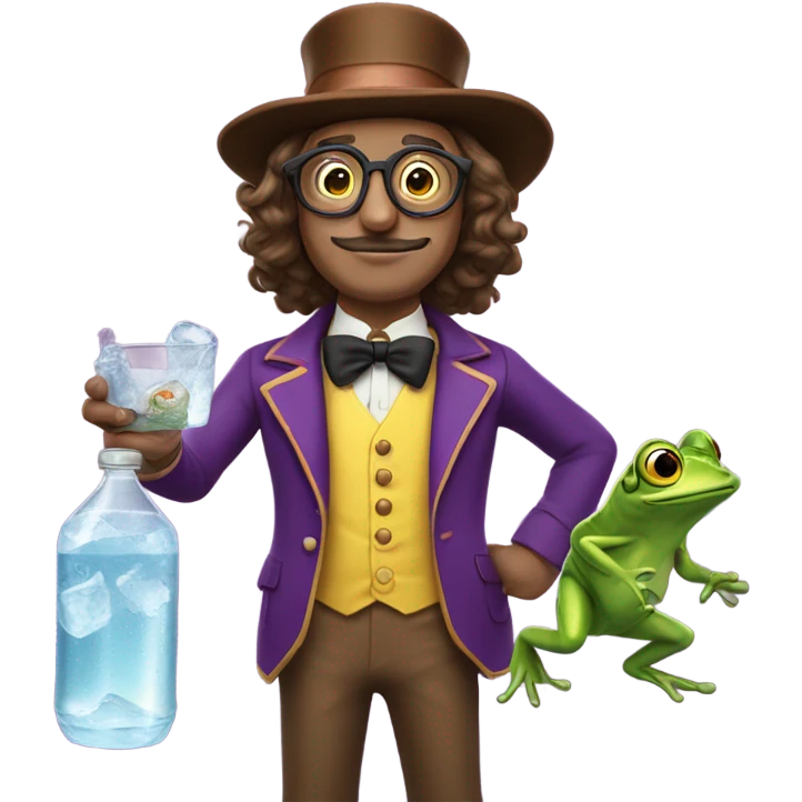 Willy Wonka with long brown hair and he’s yellow Trippin with glasses on a mustache and he’s holding a frog and a seltzer emoji