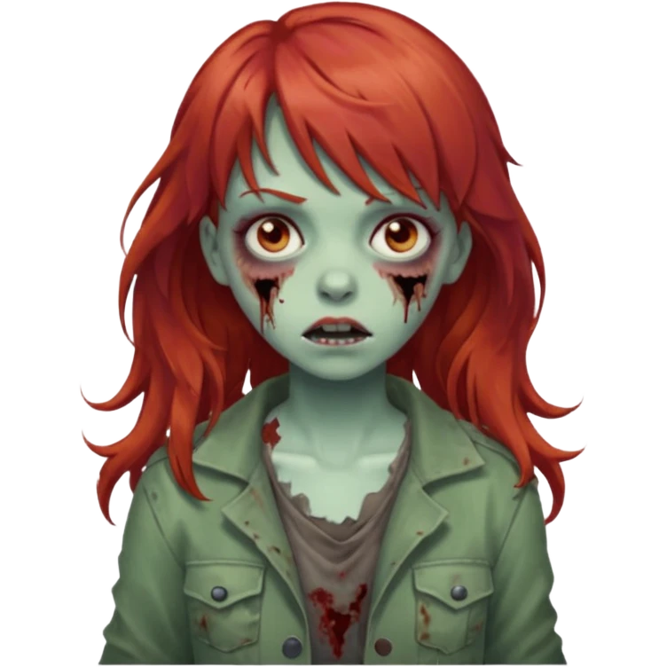 Uma zumbi garota com cabelo vermelho ondulado, medio e franja reta emoji