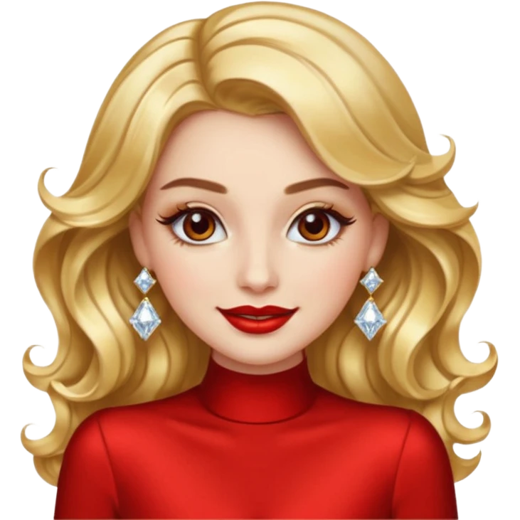 “Emoji girl, glamorous smile, shimmering gold eyeshadow, bold red lips, voluminous waves, dramatic lashes, wearing diamond earrings and gold gown.” emoji