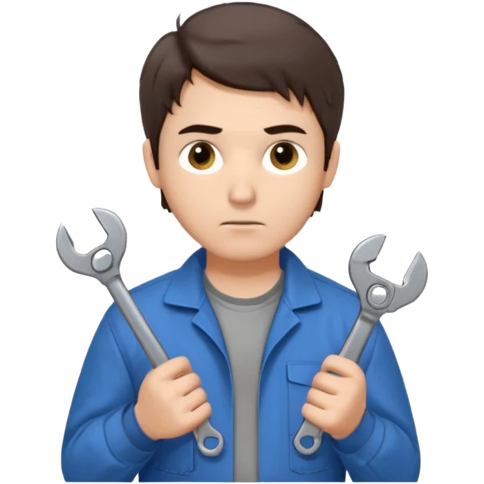 Calm and independent male technician, fair skin, short tousled dark brown hair, cool gray eyes, serious but composed expression, wearing a blue work jacket over a grey t-shirt, holding a wrench in one hand and a mechanical gear in the other, waist-up, front-facing emoji