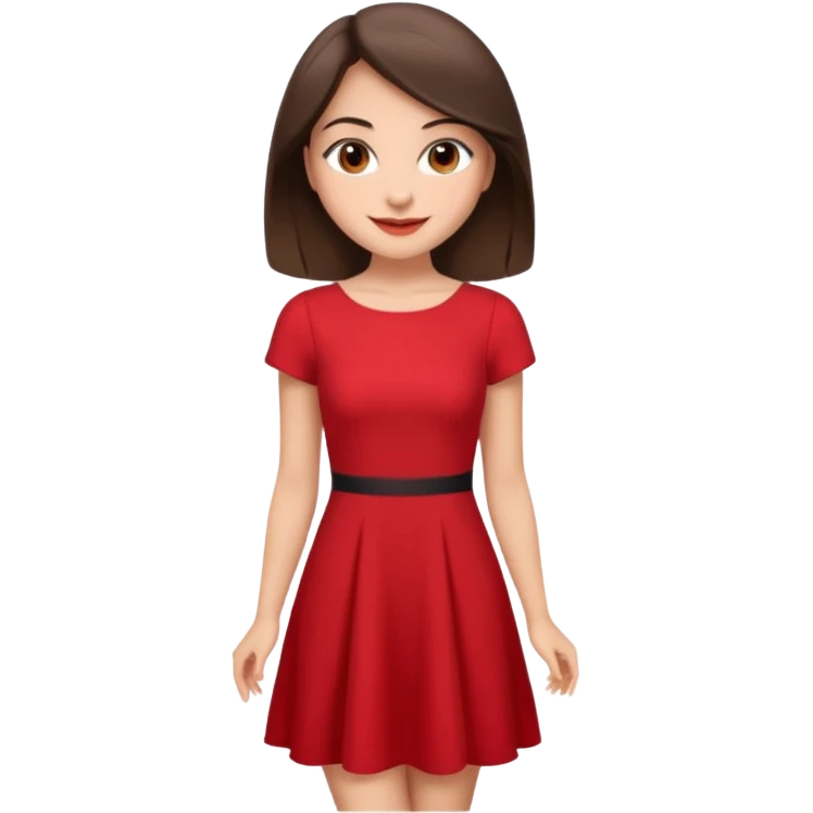 Cartoon emoji of a young brunette woman with fair-medium skin, brown eyes, wearing a red outfit. Full-height, standing confidently in a red dress  posing sexy with a smile and relaxed posture. Smooth, friendly, stylized, make up on, flirty eyes and smile emoji