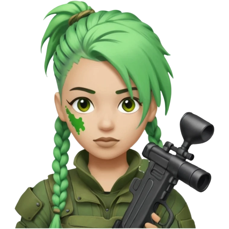 paintball player with geared face braided green hair emoji