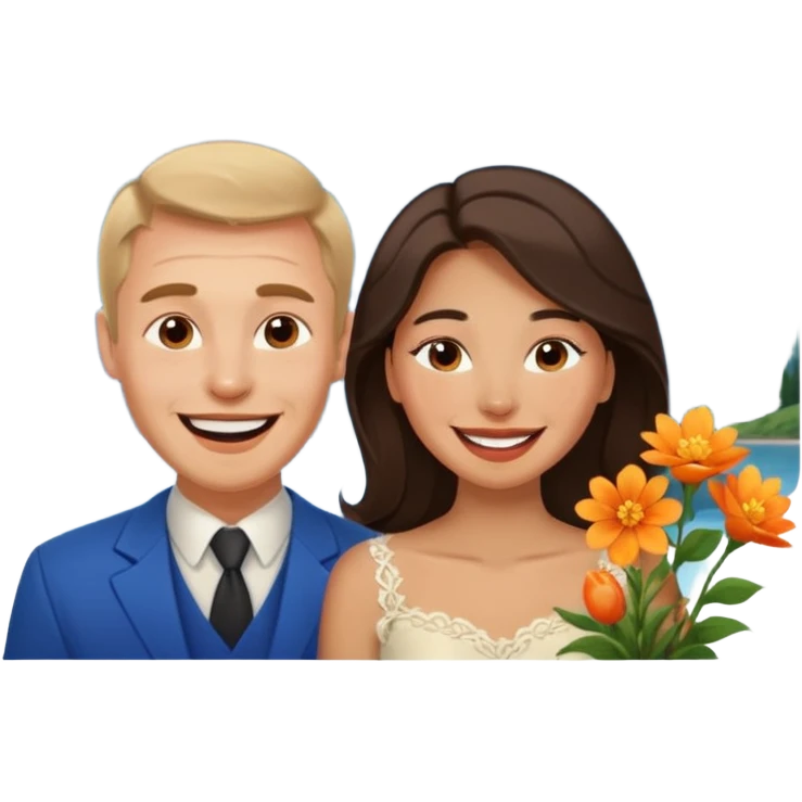 Couple  laughing traveling russian man and elegant  Latina girl delicate flowers and mountains in the background  emoji