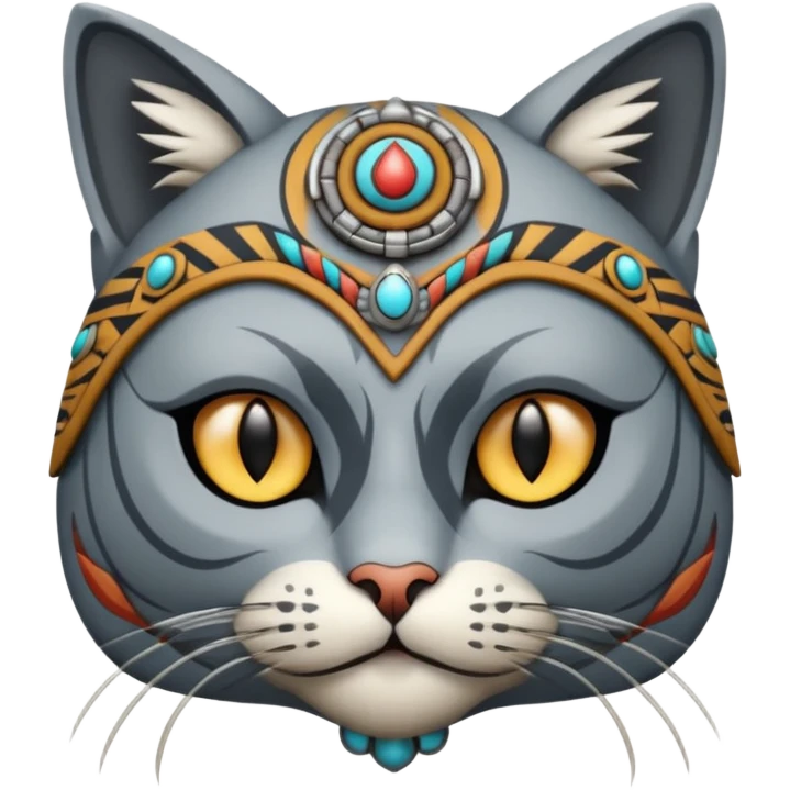cat, wear tribal shaman cloth, half face robot emoji