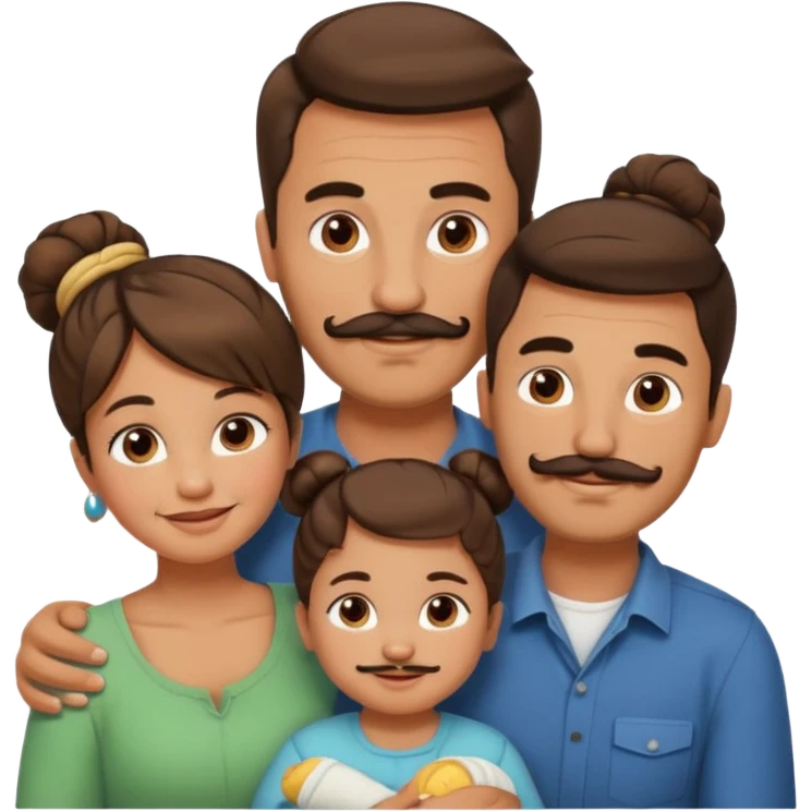 brown family with mom dad teenage daughter toddler son and baby. moms hair is in a bun and dad has a mustache and beard emoji