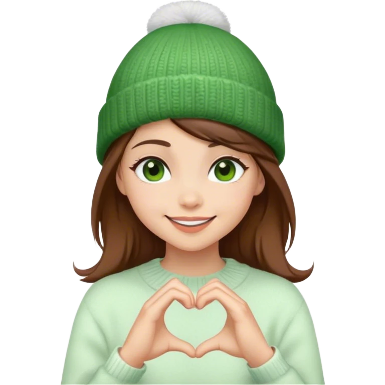 peaceful brown hair girl blinking eyes stylish in a green beanie hat in white sweater smiling making heart from her hands  emoji