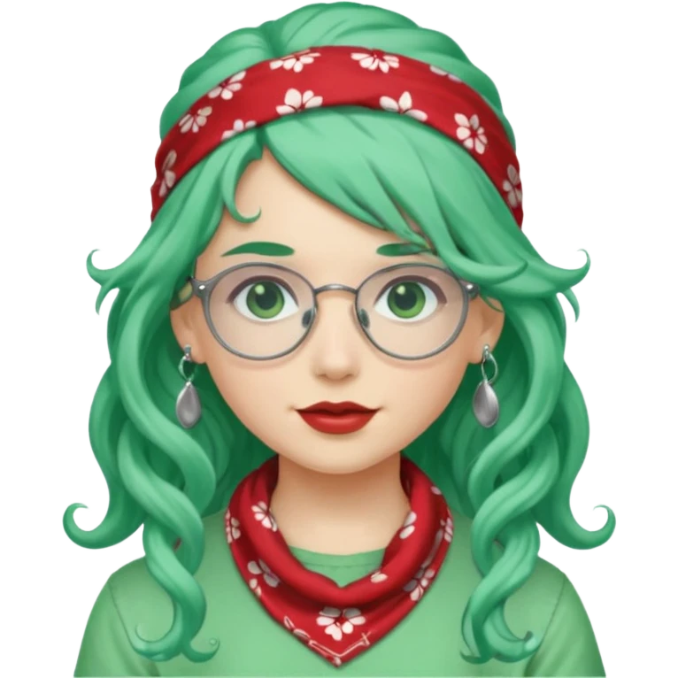girl with long curly peppermint green hair and single-color bandana and glassess and earring emoji