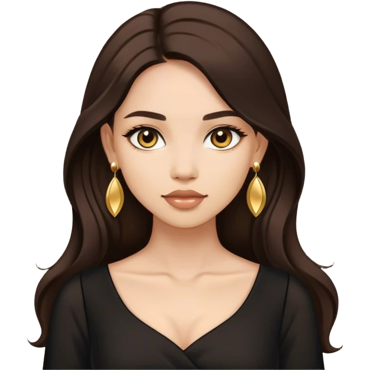 Beautiful woman,cute, long dark brown hair in dark dress with gold earrings emoji
