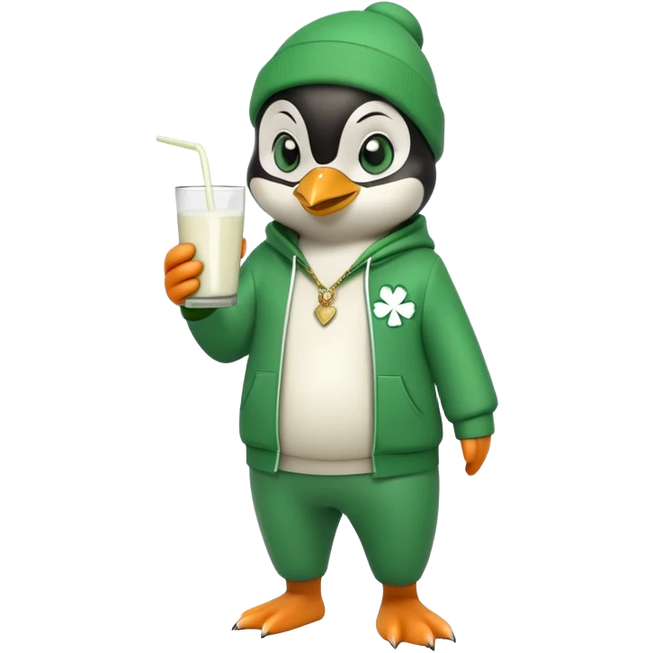 full body friendly anthropomorphised penguin wearing green mafia-style tracksuit, angry confident scheming stance, holding glass of milk, shamrock accessory emoji