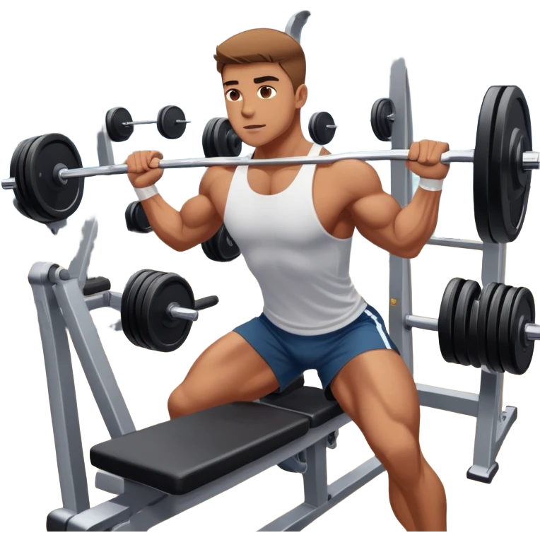 A focused athlete working out on a strength training machine in a modern gym. Muscles engaged, expression determined, demonstrating power and endurance. The gym is filled with equipment like dumbbells, barbells, and mirrors reflecting effort, creating a high-energy atmosphere. emoji