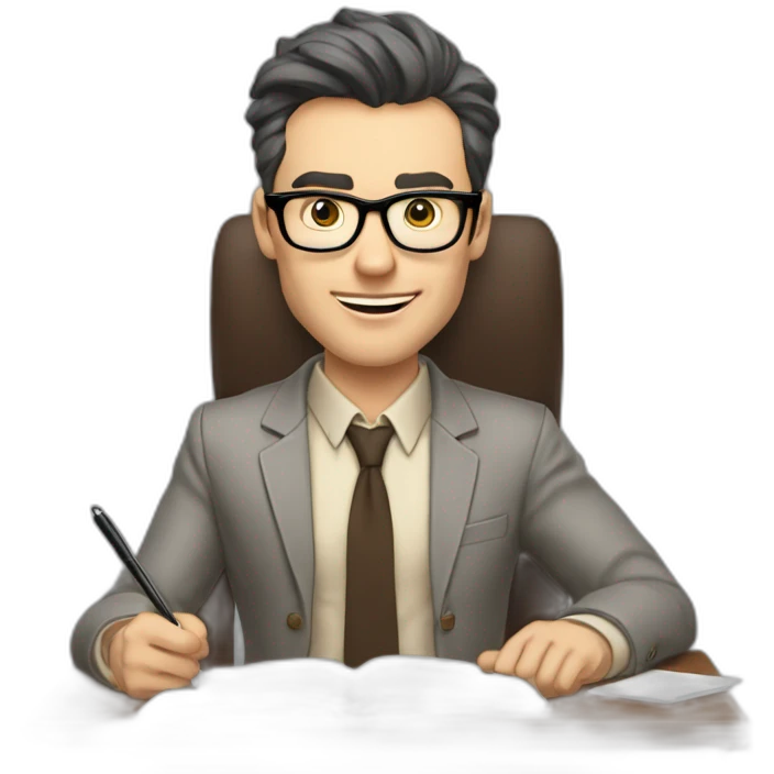 Fooling showing his tongue Pale skinned Fit Man With dark brown hair in gray jacket, beige office shirt, Brown pants and vintage glasses sitting In a soft chair with a notebook and a pen emoji