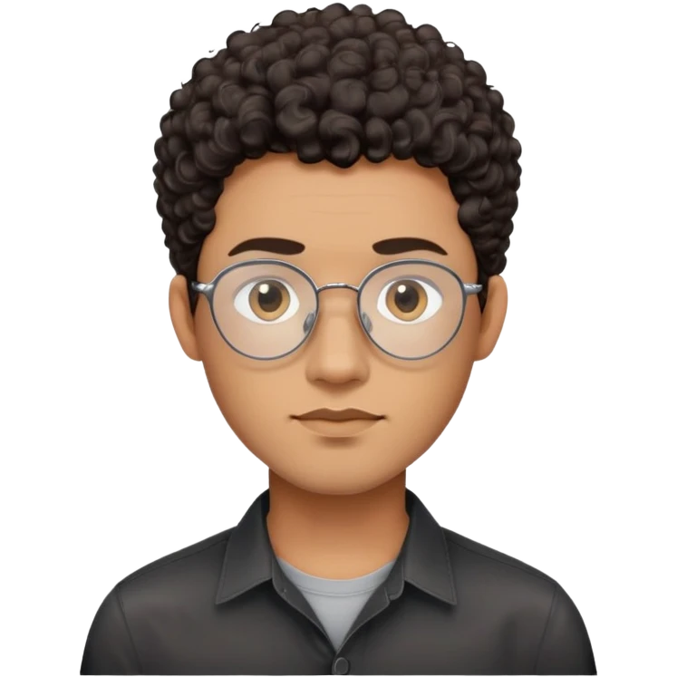 Man with oval-shaped face, large oval metallic glasses, dark curly short hair with high fade, light brown complexion, gentle expression, black button-up shirt emoji
