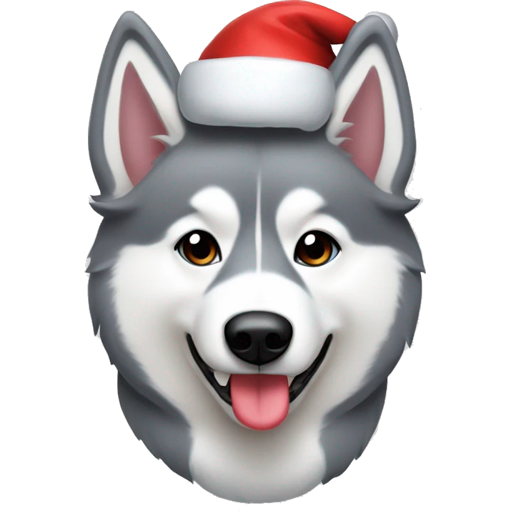 Grey and white husky wearing a Santa hat and holding a candy cane emoji