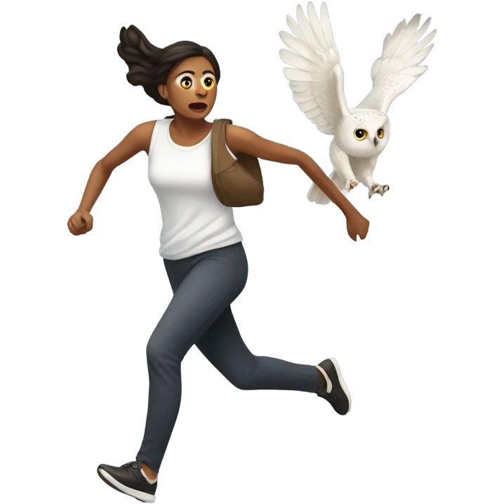 White skinned woman running away from owl emoji