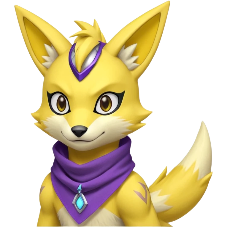 Furry Anthropomorphic Yellow Renamon-Lombard-Zeraora-Toxtricity-Pokémon-Digimon-Fakémon-fusion with purple lightning-bolt-markings, and facial markings, black bandanna scarf emoji