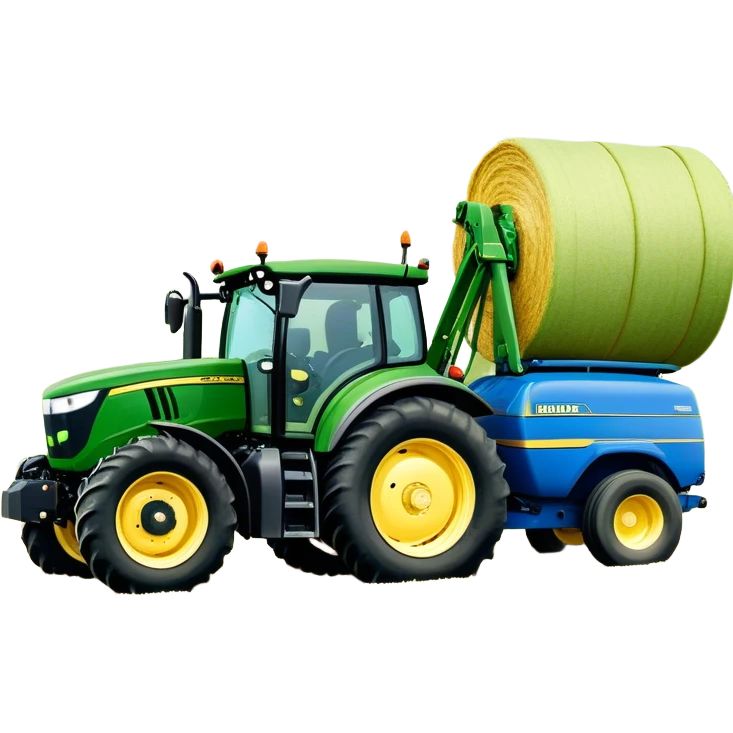 Baler – New Holland Roll-Belt 560 (2018) – Cinematic-realistic John Deere 6155M tractor towing a New Holland Roll-Belt 560 baler, its deep green body contrasting with the bright blue baler. The massive machine moves steadily through golden fields, compressing freshly cut hay into tight round bales, while dust swirls under the blazing afternoon sun. emoji