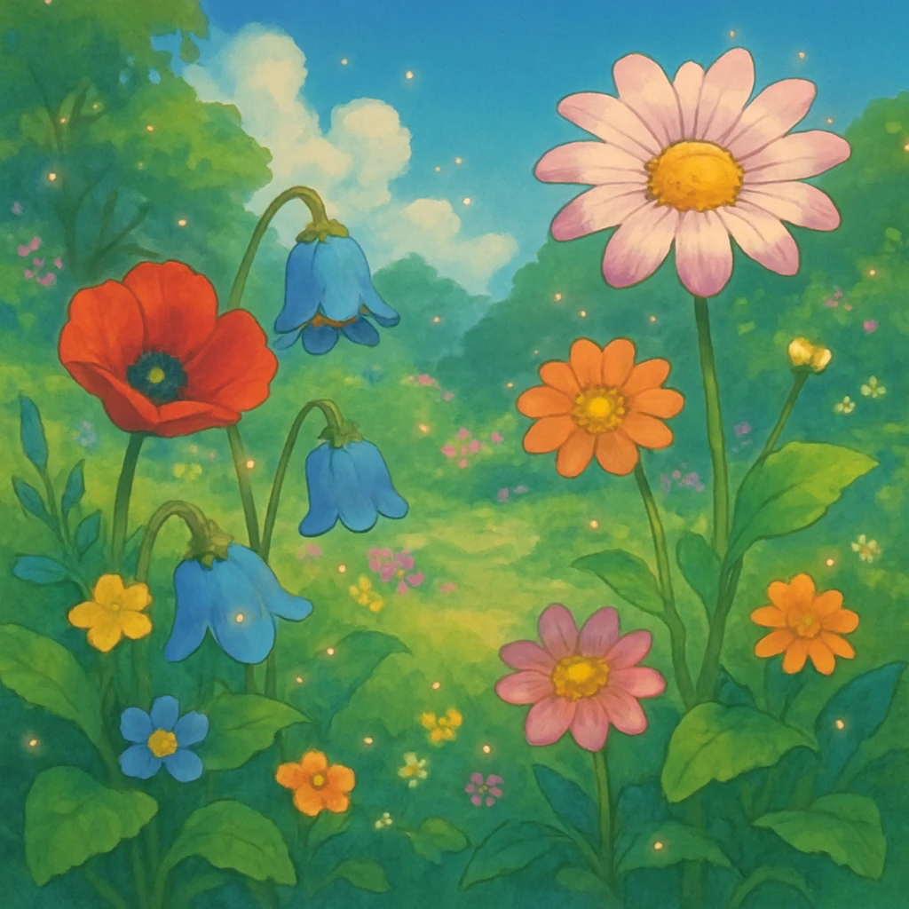 whimsical flower fantasy scene, lush and magical emoji