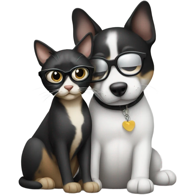 a cat in black glasses hugs a dog in black glasses emoji