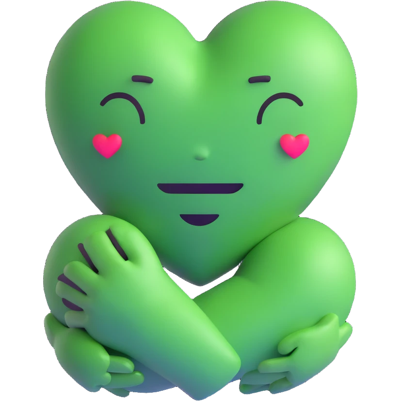 green face emoticon with closed eyes hugging a green heart, expressing care and support emoji