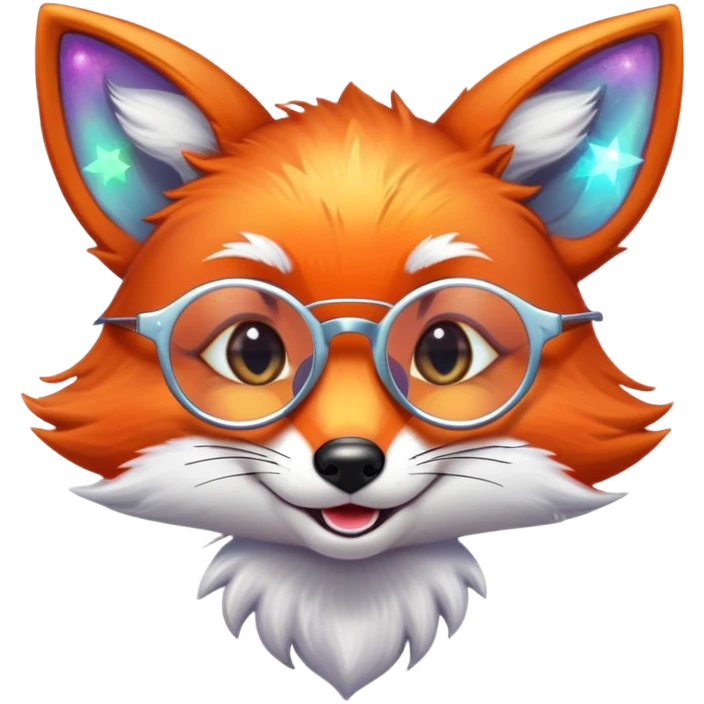 A sly fox with iridescent fur, a glowing tail, a silver star on its forehead, and round glasses, giving a mischievous smirk emoji