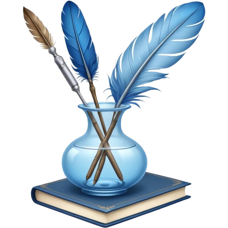 vintage blue book, pale blue flowers in a transparent vase, feather quill pen, concise iOS emoji emoji