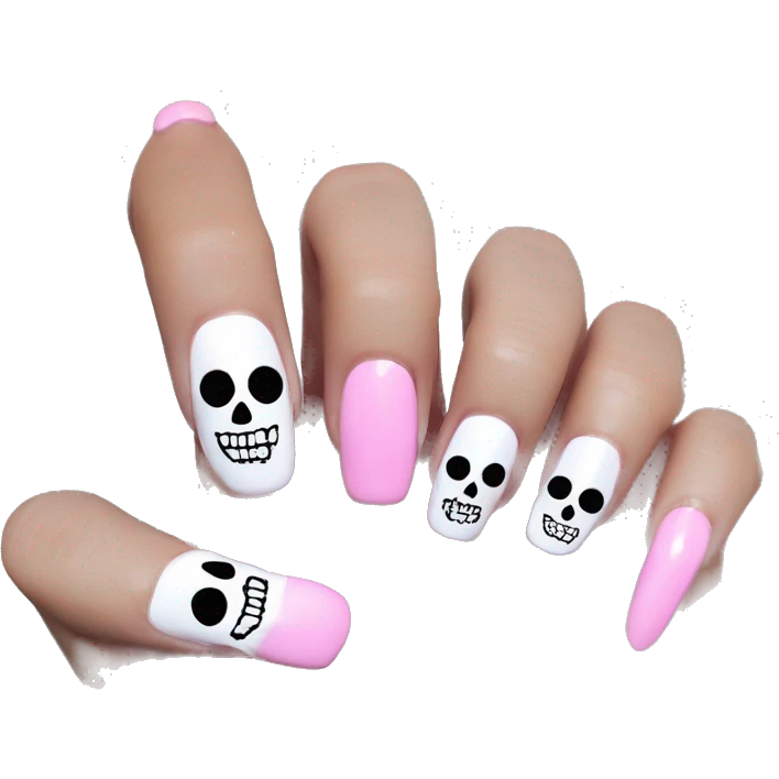 Pretty skeleton 5 fingers hand with pink nails manicure girly design but stylish minimalistic emoji