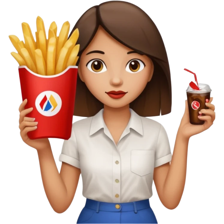 a young woman full length with cola in one hand and french fries in the other hand and a painting under her arm walking left emoji