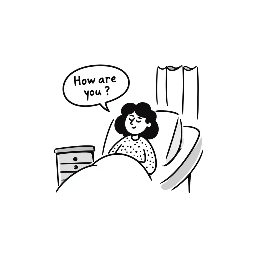 a patient sitting up in a hospital bed smiling gently, speech bubble saying 'How are you?', hospital curtains and bedside table in background emoji
