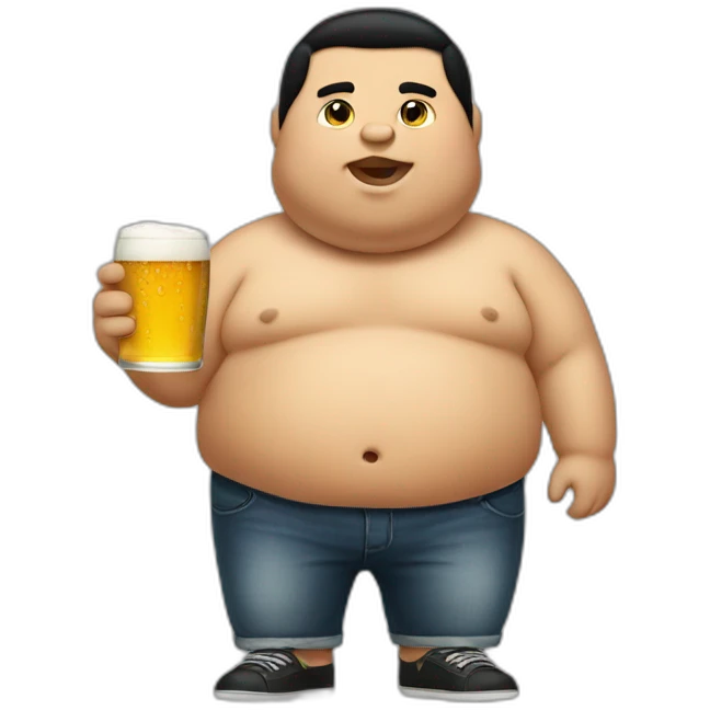Fat boy with black hair drink beer emoji